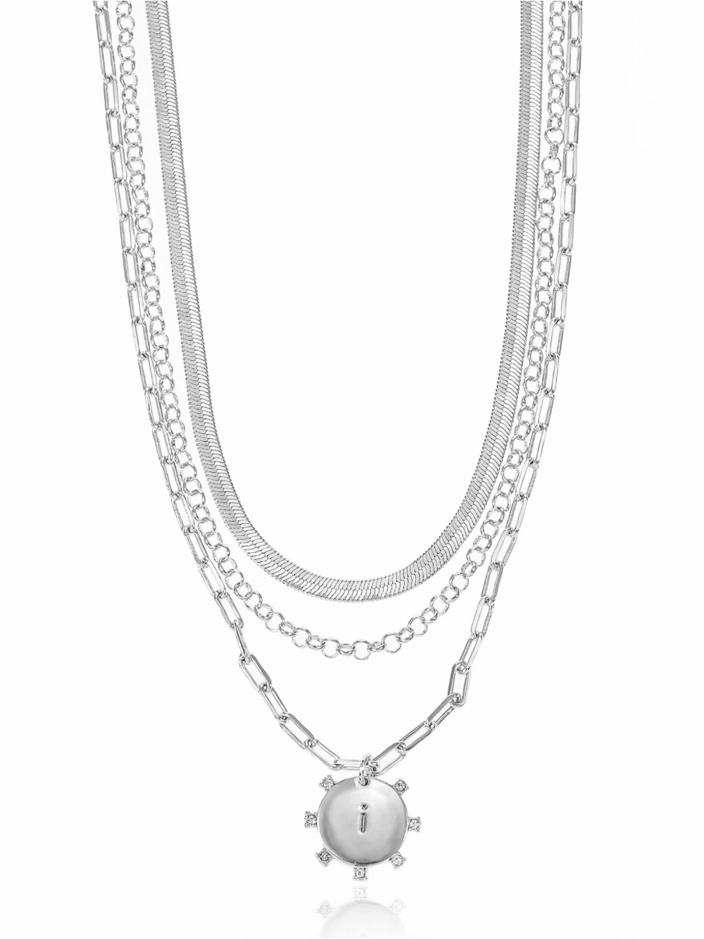 3 Piece Layered Silver Chain Necklace with Round Initial ‘i’ Pendant